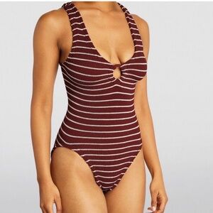 NWT Hunza G striped Celine one piece swimsuit in wine/white - one size